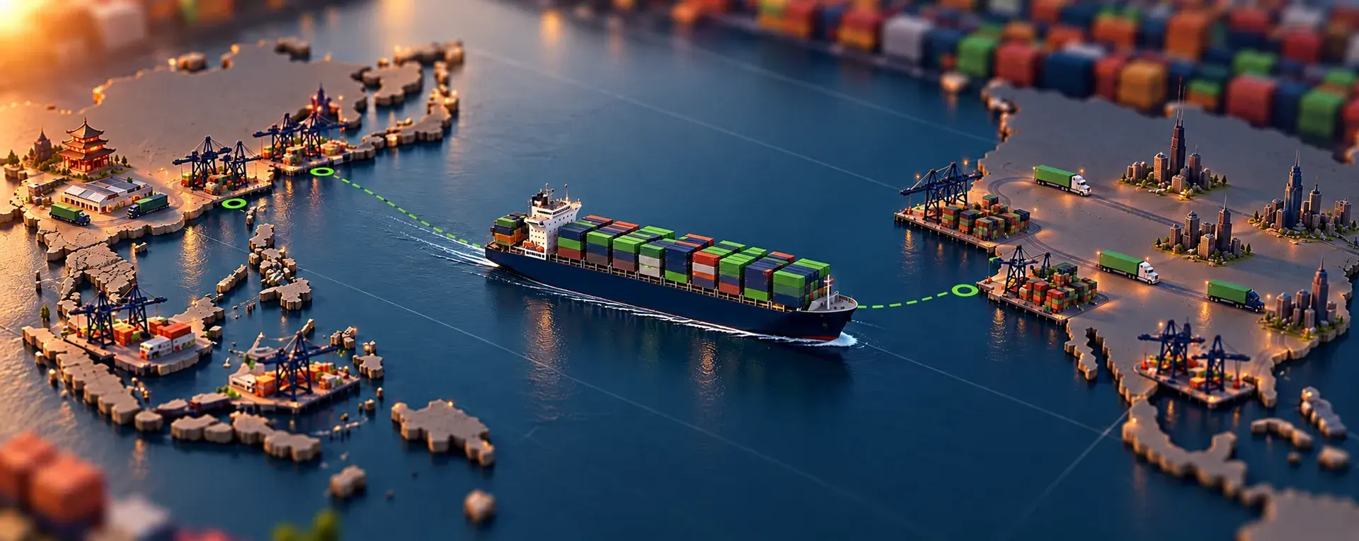 A container ship crossing the ocean on a planned route between two ports