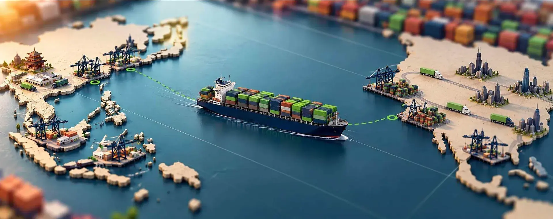 A container ship crossing the ocean on a planned route between two ports