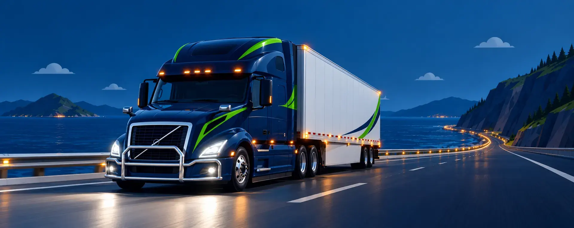 A tractor-trailer on a coastal highway
