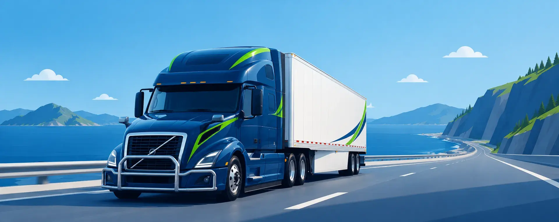 A tractor-trailer on a coastal highway